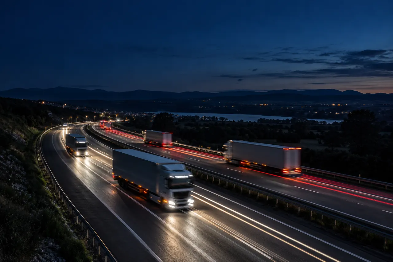 Autopista de noche con las estelas de luz que dejan los camiones.
