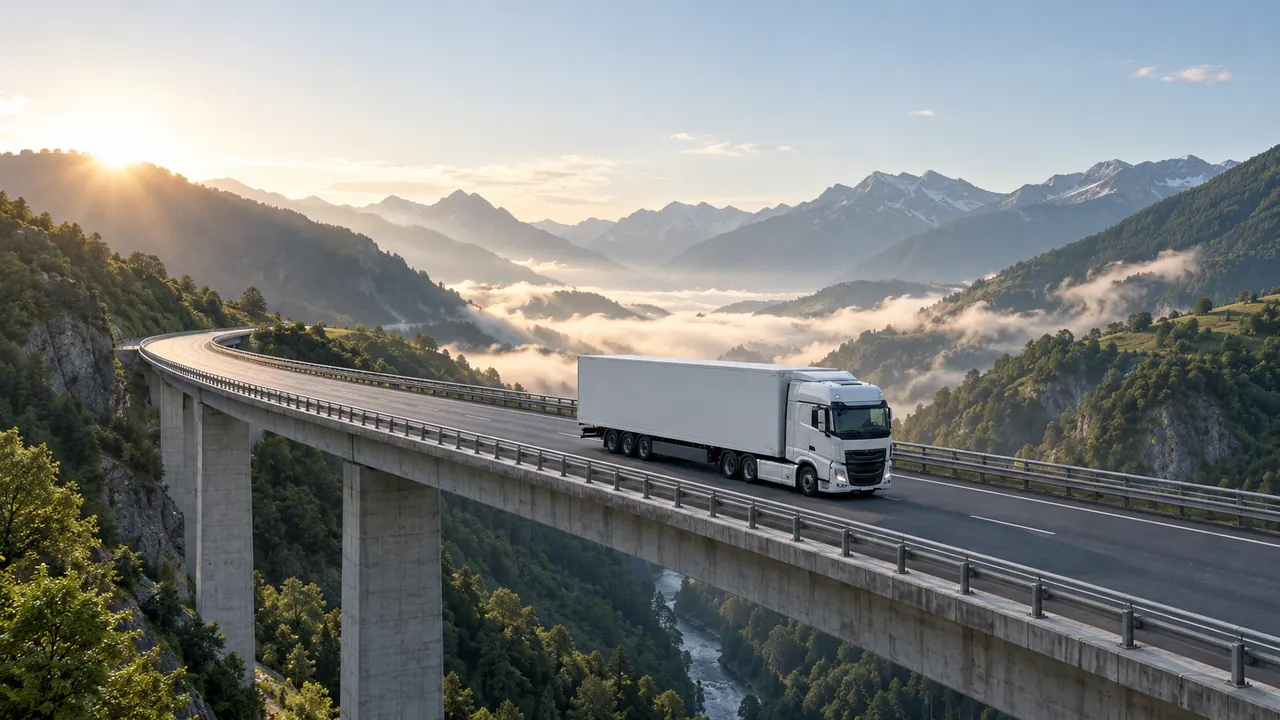 Un camión articulado cruza un viaducto entre montañas con niebla baja al empezar el día.